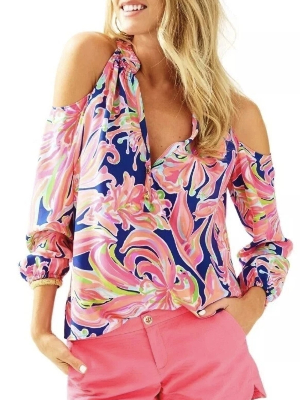 Lilly Pulitzer 100% Silk Pink & Navy Cold-Shoulder Floral Blouse Small